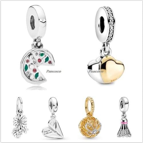 Authentic 925 Sterling Silver Two-tone Double Hearte With Crystal Pendant Charm Beads Fit Pandora Bracelet & Necklace Jewelry