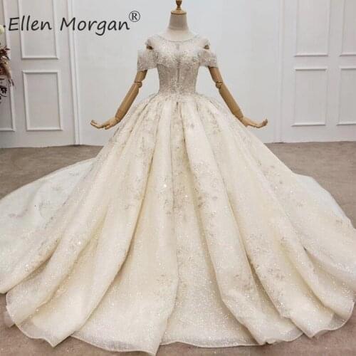 Glitter Luxury Lace Ball Gowns Wedding Dresses for Women Custom Made Puffy Cap Sleeves Saudi Arabian Elegant for Bridal 2020