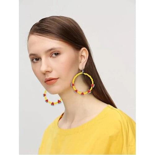 Rice Bead Pendant Earrings Watermelon Slice Fruit Round Earrings Summer Fresh Beach Party Jewelry