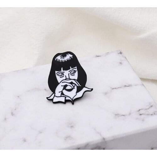 Mia Wallace Enamel Pin Girl GODDAMN Badge Brooch Goth Girl Lapel Pins for Bag Jackets Punk Fashion Jewelry Gifts