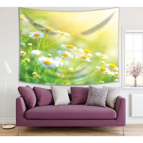 Tapestry Chamomile Daisy Flowers in Sun Flare Spring Summer Meadow Nature Scenic View Green White Yellow