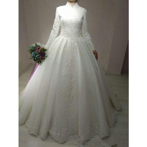 J18 Elegant Ivory Tulle High-Neck Natural A-Line Floor-Length Long Wedding Dresses/Bridal Gowns Appliques Sleeves Free Shipping