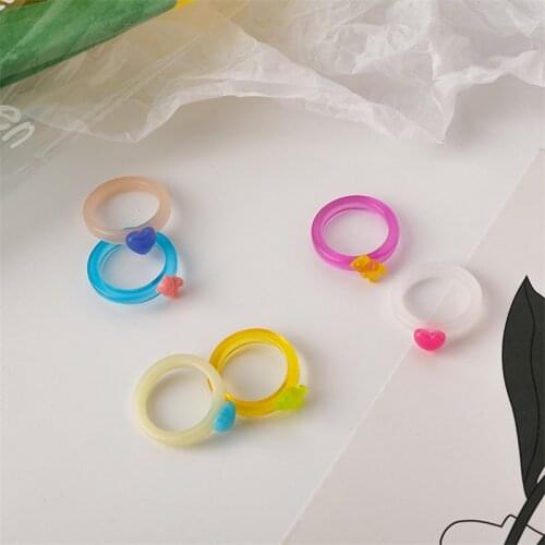 New Design Small Bear Heart Acrylic Ring For Women Girls Spring Summer Cute Acetic Acid Finger Jewelry Party Gifts 2 Pieces