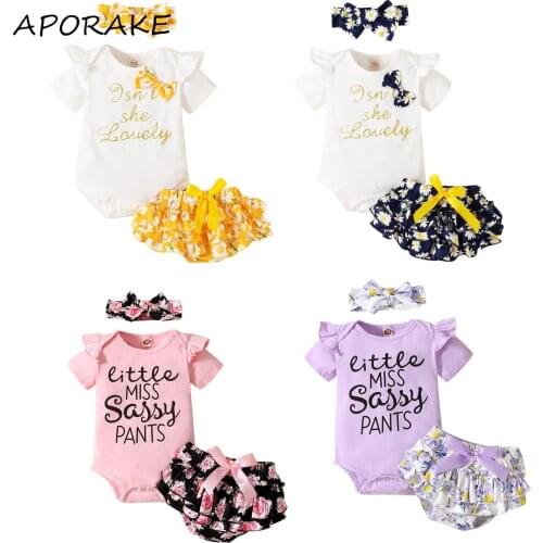 2021 0-18M Sweet Infant Baby Girl Clothes Letter Print Bow Short Sleeve Romper+Bow Floral Print Layered Shorts+Headband 3pcs