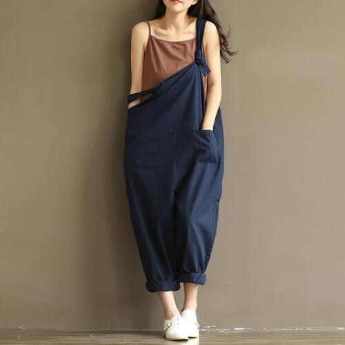 ZANZEA Women Strappy Sleeveless Bib Overalls Rompers Pockets Dungaree Spring Cotton Linen Long Suspender Jumpsuits