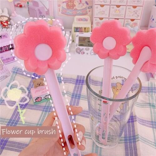 Korean Pink Sponge Flower Shaped Cup Brush Girl Heart Pink Cute Water Cup Baby Bottle Sponge Long Handle Flower Glass Cup Brush