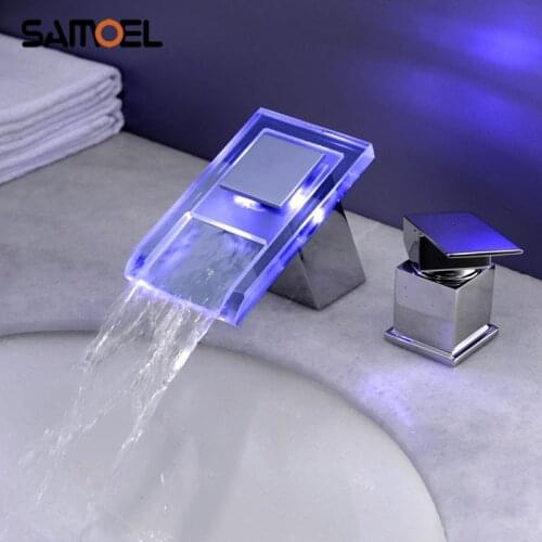 Modern Fancy Temperature Control LED Light Bathtub Faucet Dual Hole 3-Color Waterfall Bathroom Basin Mixer Tap BF1026