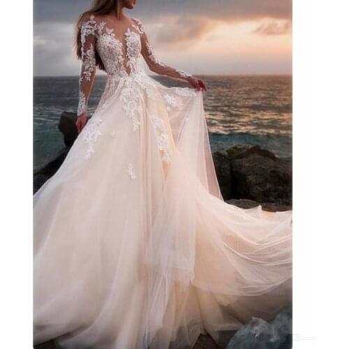 Платье вечернее Tulle Wedding Dress Beach Appliques A Line Bridal Gown With Illusion Lace Long Sleeves vestido de вечернее плать