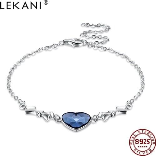 LEKANI 925 Sterling Silver Adjustable Link Bracelets For Women Blue Love Shape Austria Crystal Bracelet Party Fine Jewelry