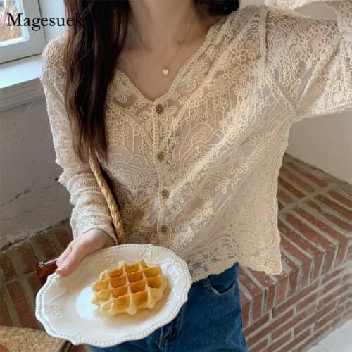 Summer Sunscreen Womens Tops 2021 Sweet Loose Long Sleeve White Blouse Tops Korean V Neck Cotton Crochet Hollow Lace Shirt 14828