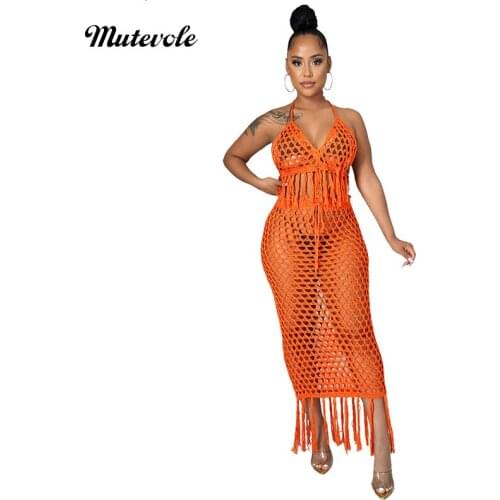 Mutevole Women See Through Knitted Swimsuit Fringe Tassel 2 Piece Cover Up Set Sexy Wear Hollow Out Crochet Beach Long Skirt