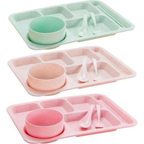 Canteen Reusable Divided Tray Stackable Dining Tool Dining Hall Dinner Plate With 5 Compartments Bowl And Eating Utensils