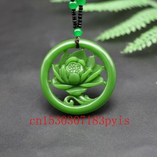 Natural Green Jade Flower Pendant Necklace Chinese Double-sided Hollow Carved Charm Jewelry Fashion Amulet for Men Women Gifts