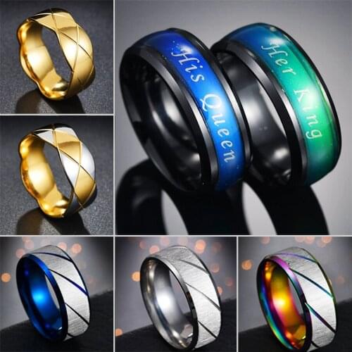 Hot Sale Her King His Queen Couple Rings Black Stainless Steel Temperate Mood Ring Romantic Anniversary Wedding Band Jewelry