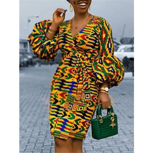 Africa Women Party Dress Print Puff Sleeve Sashes Wrap V Neck Dresses Plus Size Slim Fit Robes Modest Vestido De Mujer