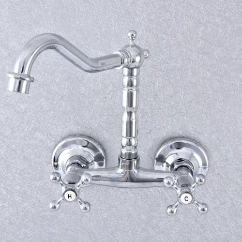 Polished Chrome Bathroom Faucet Wall Mounted Basin Faucet 360 Degree Swivel Spout Double Handle Cold Hot Water Mixer Tap Lsf784