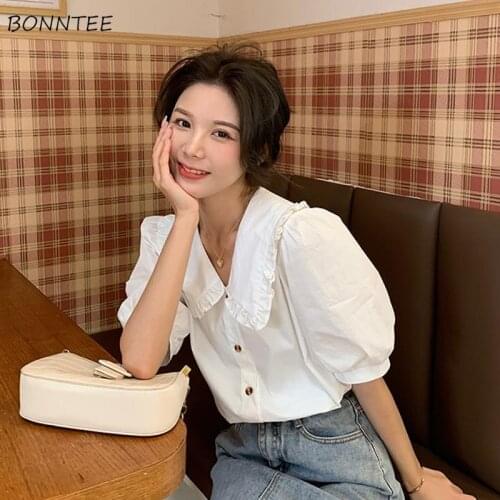 Shirts Women French Sweet Peter Pan Collar Fashion Design Casual Summer New Tender Puff Sleeve Oversize Elegant Office Lady Tops