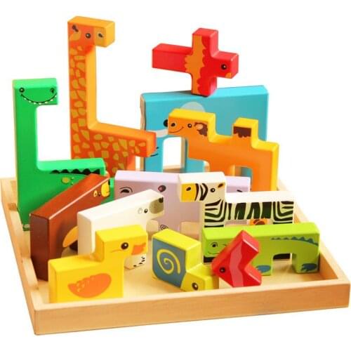 Montessori Building Blocks Baby Toys 13 24 Months Wooden Educational Animal Shape Cognition Colorful Tetris Blocks Children Toy