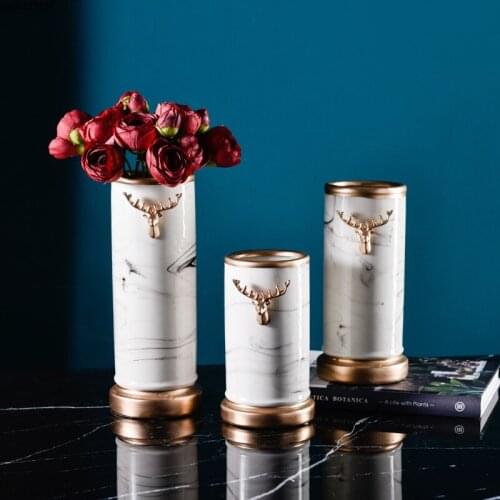 Creative White Marbled Gilded Ceramic Vase Flower Arrangement Antler Straight Tube Hydroponic Vase Home Decoration Furnishings