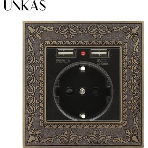 UNKAS Dual USB Charging Port Embossed Panel Zinc Alloy High End Retro Panel 16A Black EU Standard Power Wall Socket