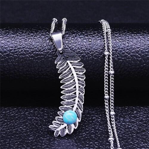 Bohemian Feathers Natural Stone Stainless Steel Chain Necklaces Silver Color Boho Necklace Jewelry bijoux femme N4094S04