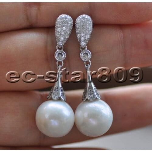 Z10140 13mm White Round Keshi Edison Pearl Dangle Earring CZ