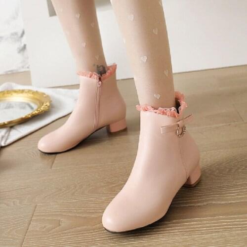 Autumn and winter women boots Butterfly-knot Ankle Boots Lolita Style rhinestone Square heel Round Toe low heel plus size 30-44