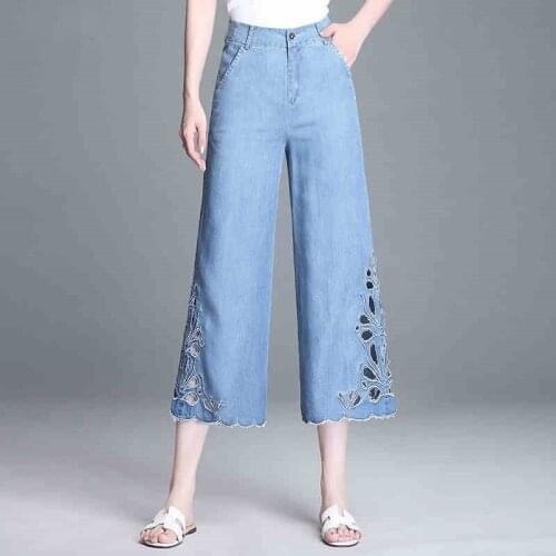 Pants Women 2019 Summer Mom Jeans High Waist Women Palazzo Embroidery Vintage Female Trousers Silk Denim Wide Leg Pants AA4804