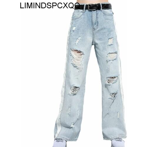 2021 Summer Korean Designer Ladies Casual Harem Pants Womens Vintage Holes Jeans Female Loose Denim Trousers Plus Size Spodnie