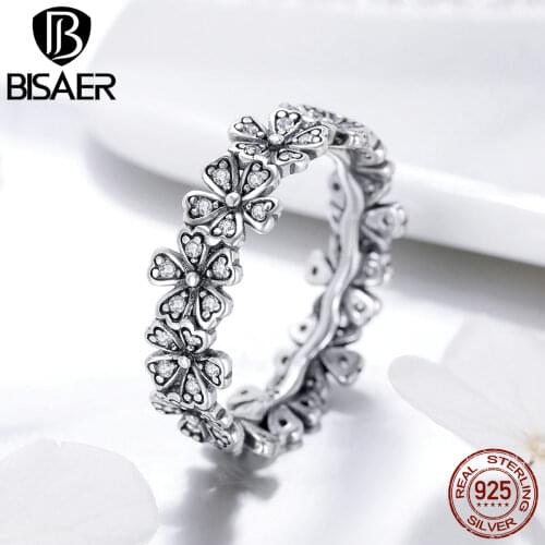 BISAER Real 925 Sterling Silver Romantic Daisy Flower Wedding Rings for Women Fashion Finger Ring Engagement Jewelry ECR397