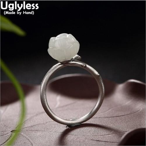 Uglyless Real 925 Sterling Silver Nature White Jade Flower Finger Rings Women Elegant Magnolia Open Ring Floral Handmade Jewelry