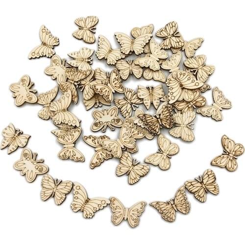 50PCS Butterfly Shapes Handmade Wooden Slices Embellishments Ornaments for Christmas Decorations DIY Party Craft and Card Making
