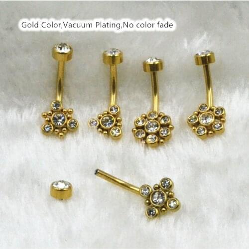 50pcs/Lot Surgical Steel Gems Ball Sliver/Gold Navel Belly Ring Button Bar Internally Threaded Navel Body Piercing Jewelry 14G