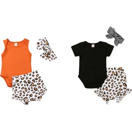 Imcute 3PCS Set Newborn Baby Girl Clothes Short Sleeve Cotton Bodysuit Tops Leopard Shorts Bloomers Headband Outfits Black 0-24M