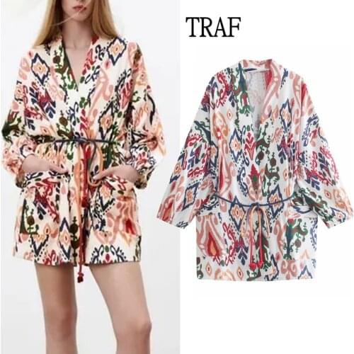TRAF Za 2021 kimono Women Blouses Summer Vintage Print Long Sleeve Top Woman Fashion Belt Loose Womens Clothing Pocket Shirts