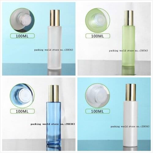 100ml frosted/green/blue/white glass bottle shiny gold lid plastic stopper for serum/lotion/emulsion/toner cosmetic packing
