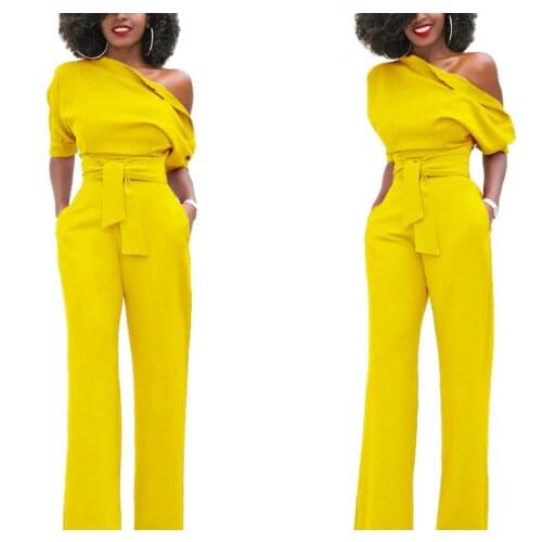 Fashion womens jumpsuit classic solid color oblique collar five-point sleeve plus size wide leg pants belt Slim high quality