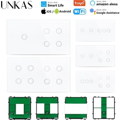 UNKAS Modules DIY Free Combination 2 3 4 5 6 7 8 Gang EU Wifi Touch On / Off Smart Switch White Glass 157mm Panel Outlet