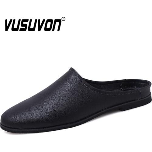 Summer Men Slippers Black Leather Loafers Comfort Slides for Male Cheap Lightweight Non-slip Men Half Shoes Big Size 45