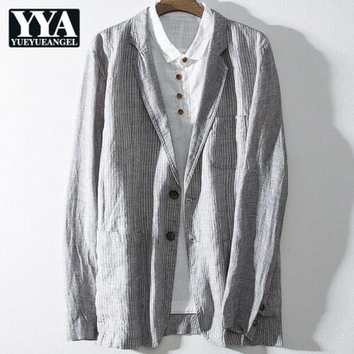 Mens Casual Linen Blazer Jacket Spring Summer Long Sleeve Striped Suit Coat Single Breasted Business Man Work Blazers Outerwear
