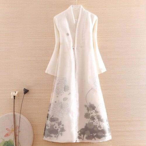 Autumn Winter Trench Coats Women Outerwear Vintage Elegant Floral Wool Patchwork Organza Ink Printing Lady Overcoat Female S-XXL