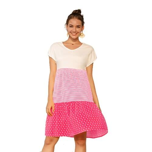 Plus Size Summer Dot Print Loose Casual Midi Dress Women V Neck Short Sleeve Striped Dress Lady Big Swing A-Line Dress 2021 New