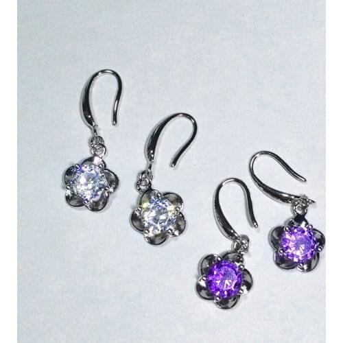 3A Purple Transparent Zirconia Crystal Flower Pendants Drop Earrings Long Earrings Fashion Party Jewelry Gifts for Women