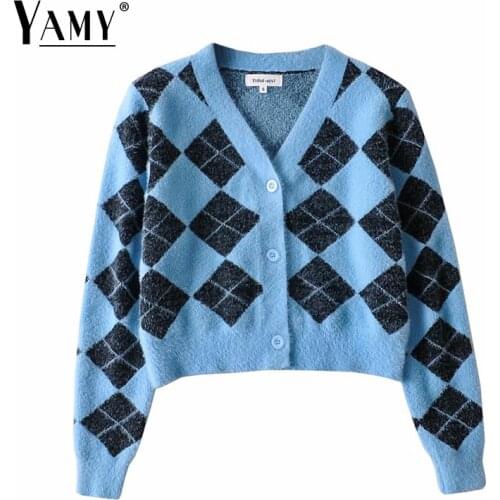 Cropped cardigan autumn argyle sweater knitted Fall v neck sweater korean argyle cardigan vintage green sweater long sleeve