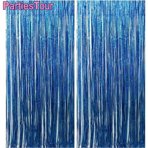 2pcs Blue Metallic Tinsel Foil Fringe Curtains for Shark Birthday Party Decor Curtains Shark Party Marine Theme Sealife Curtains
