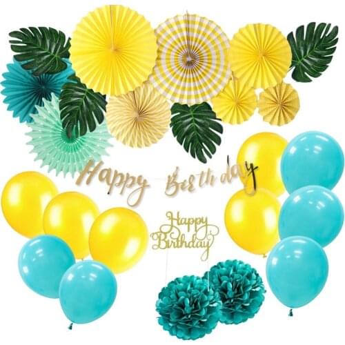 Yellow Green Birthday Party Decoration Set Happy Birthday Script Banner Glitter Gold Cake Topper Palm Leaves Latex Balloons