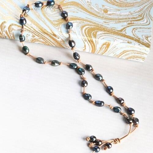 Pearls Lariat ,natural pearls and leather knotted necklace,Handmade Lariat necklace