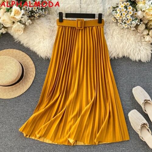 ALPHALMODA 2020 Spring Bright Color Belted Pleated Skirt Elastic High Waist Fashion Women Solid Mid-calf Pleated Skirt