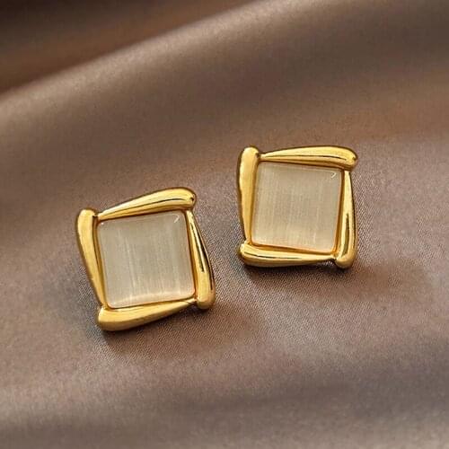 Gold Color Geometric Square Round Opal Stud Earrings for Women Elegant Party Timeless Earrings Jewelry Anniversary Gifts