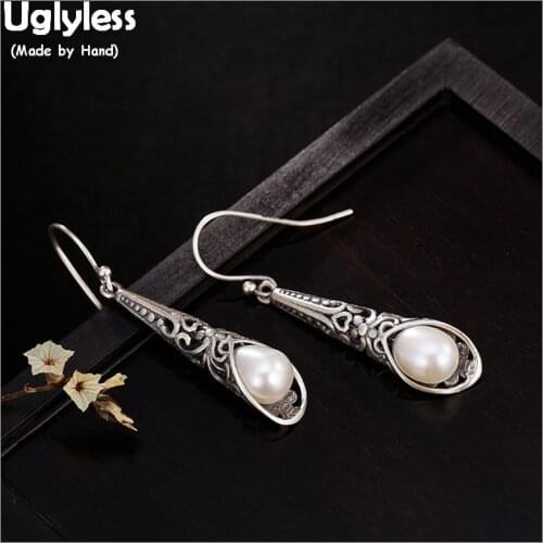Uglyless Real 925 Sterling Silver Handmade Ethnic Totem Flowers Cone Earrings for Women Thai Silver Fine Jewelry Pearls Earrings
